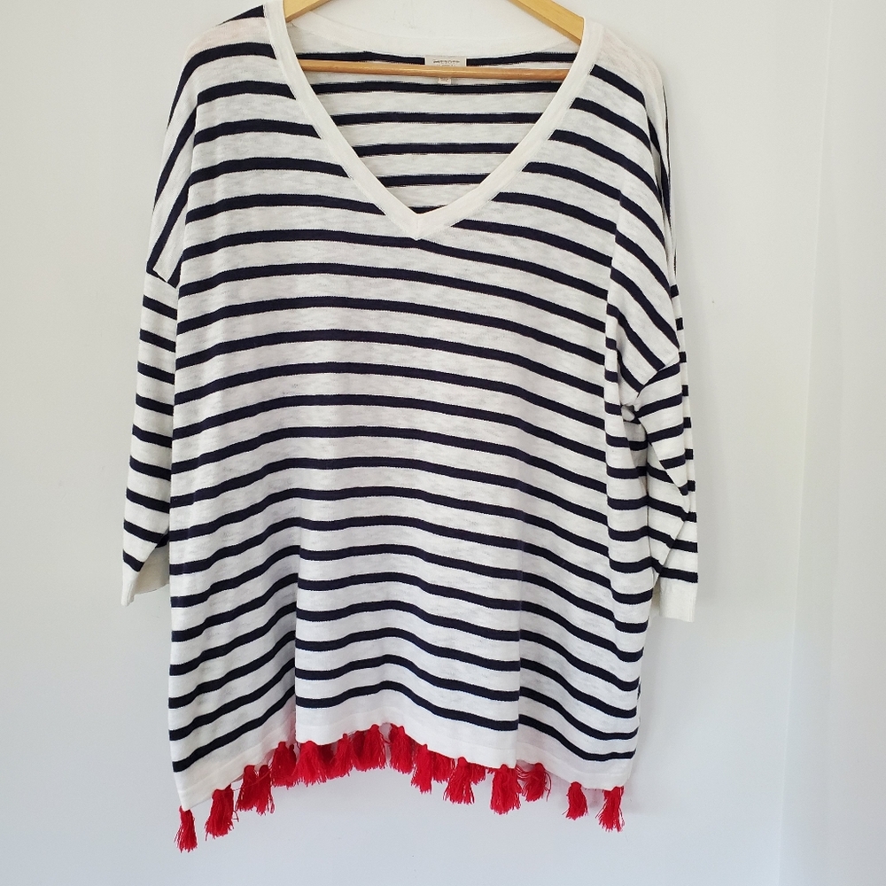 TALBOTS 3X White Navy Blue Stripe Sweater Red Tassels V-Neck Pullover Nautical